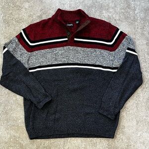 Chaps Men's Burgundy and Charcoal Striped Crewneck Sweater